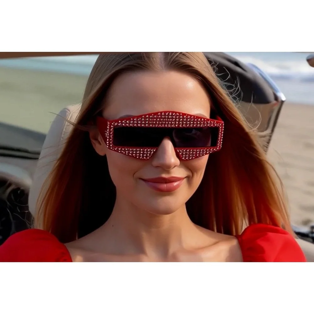 Large‎ Glitter Sunglasses Oversized Square Frame Eyewear Rhinestone Bling Shades